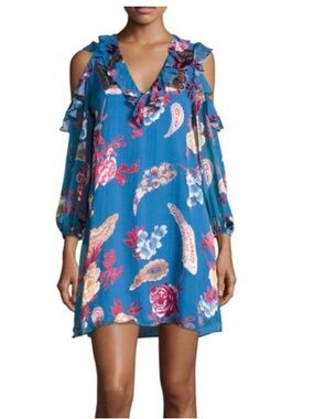 Alice + Olivia Blue Paisley & Floral Cold-Shoulder Mini Dress